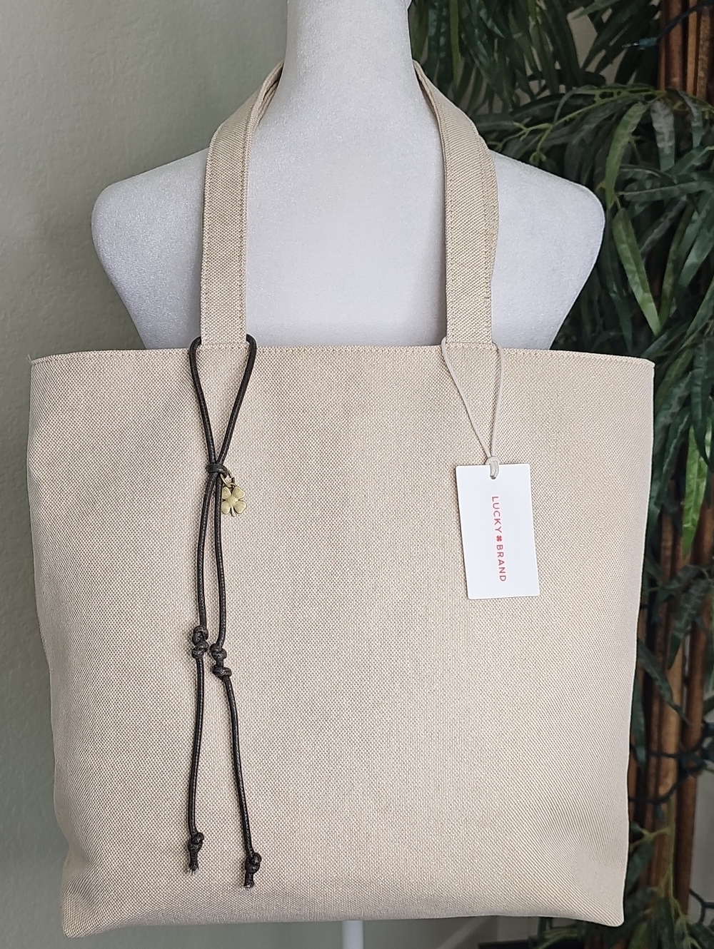 Lucky Brand Beige Canvas Tote with Brown Cord Accent